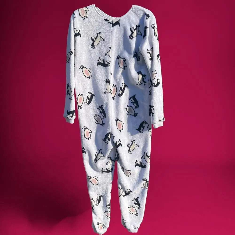 Wet Seal Adult Onesie Pajamas Medium Open Foot Faux Fur Lines Zip Up Penguin